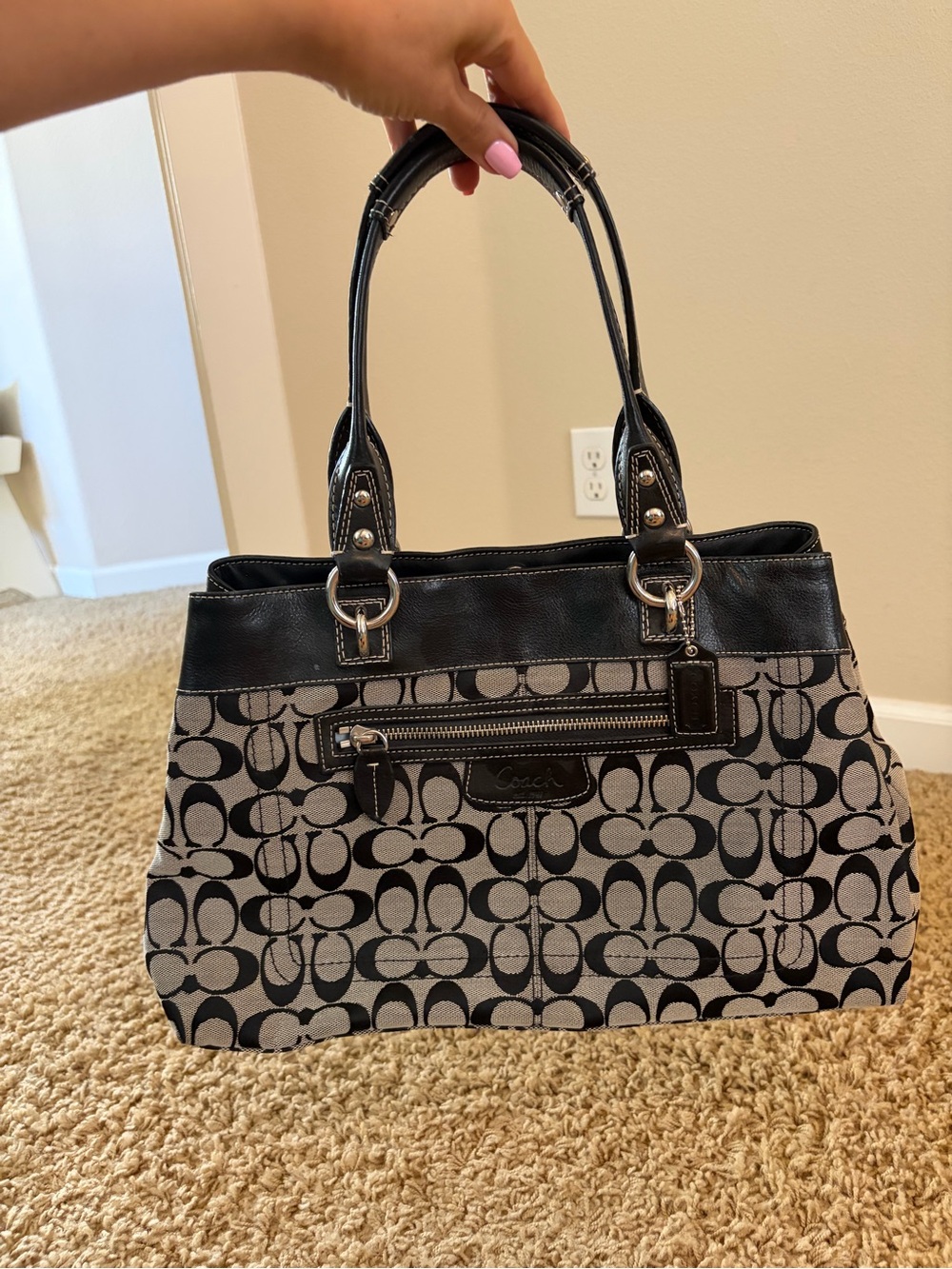 Coach Black and Cream Signature Canvas Tote